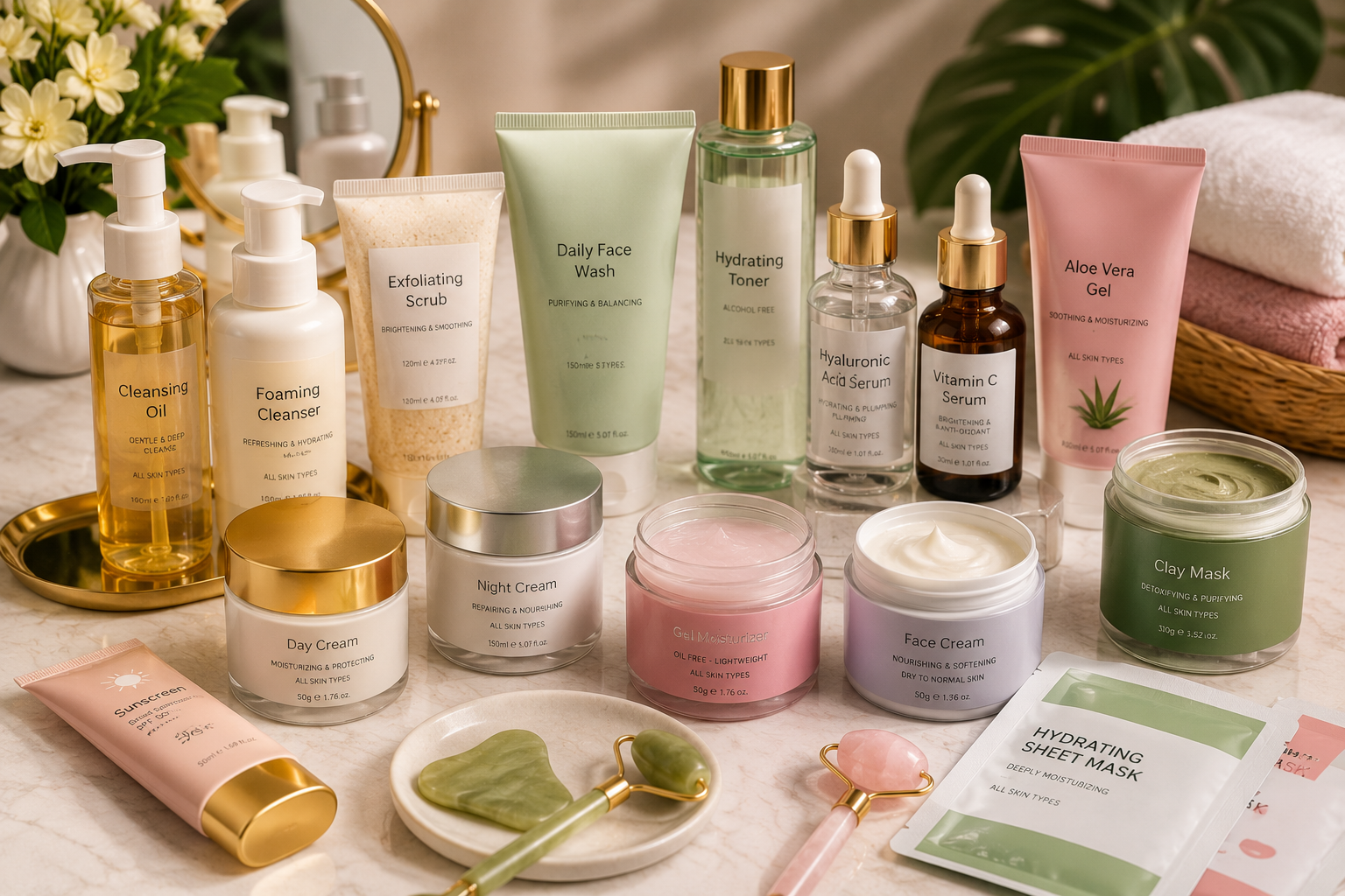 Skincare beauty products including serums, creams and masks