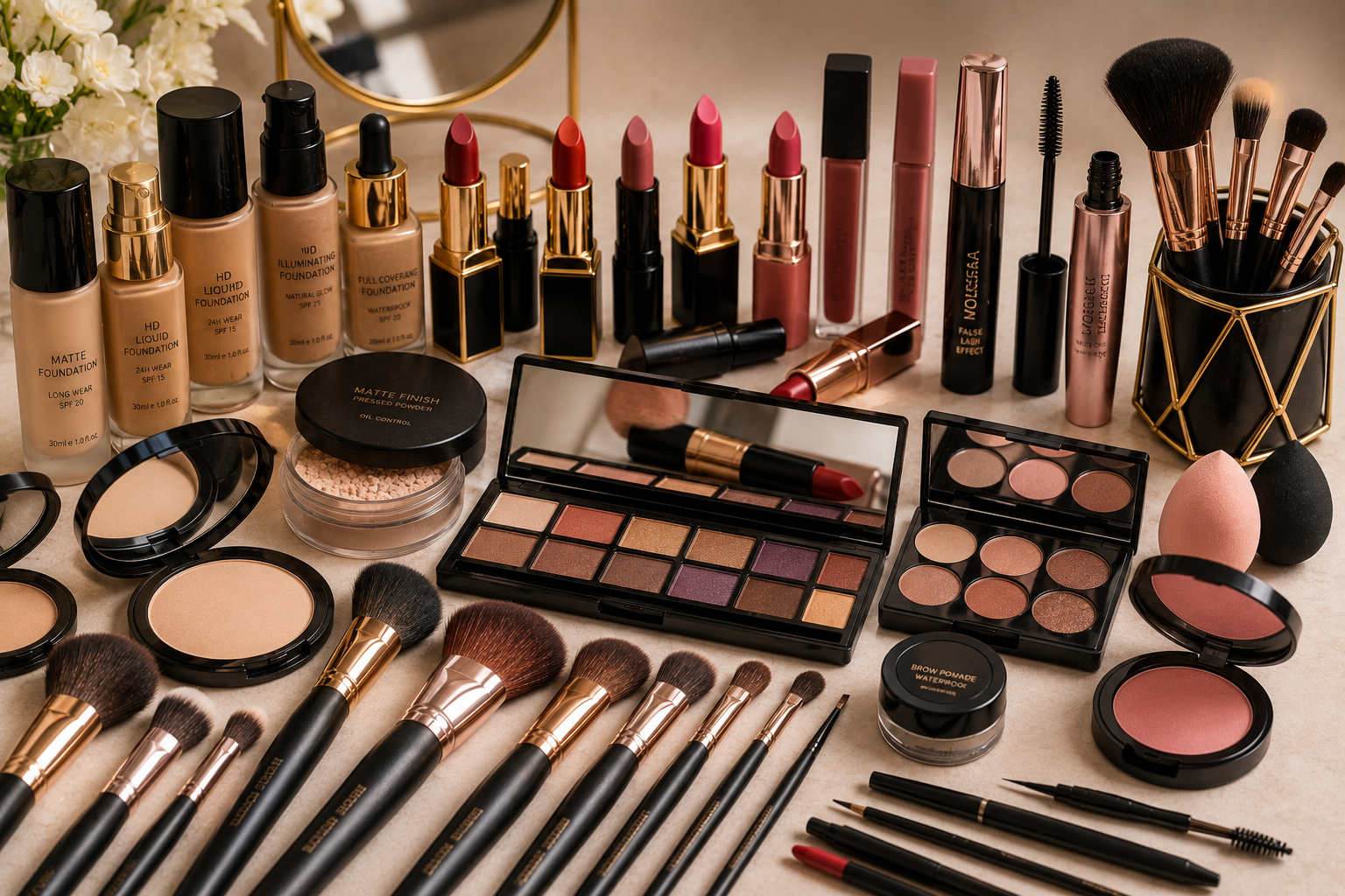 Cosmetics including foundation, lipstick and eyeshadow palettes