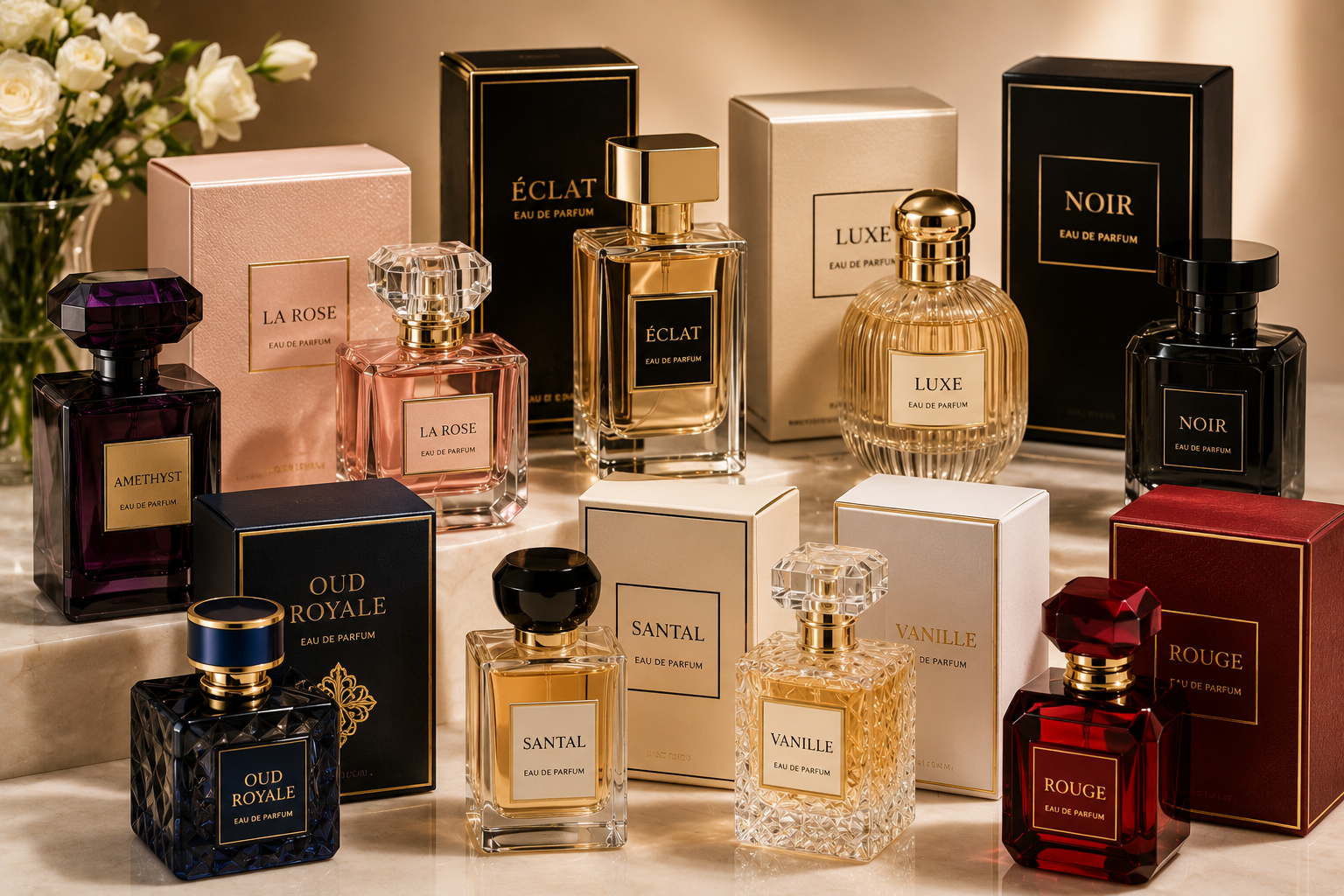 Bottles of eau de parfum perfumes in elegant packaging