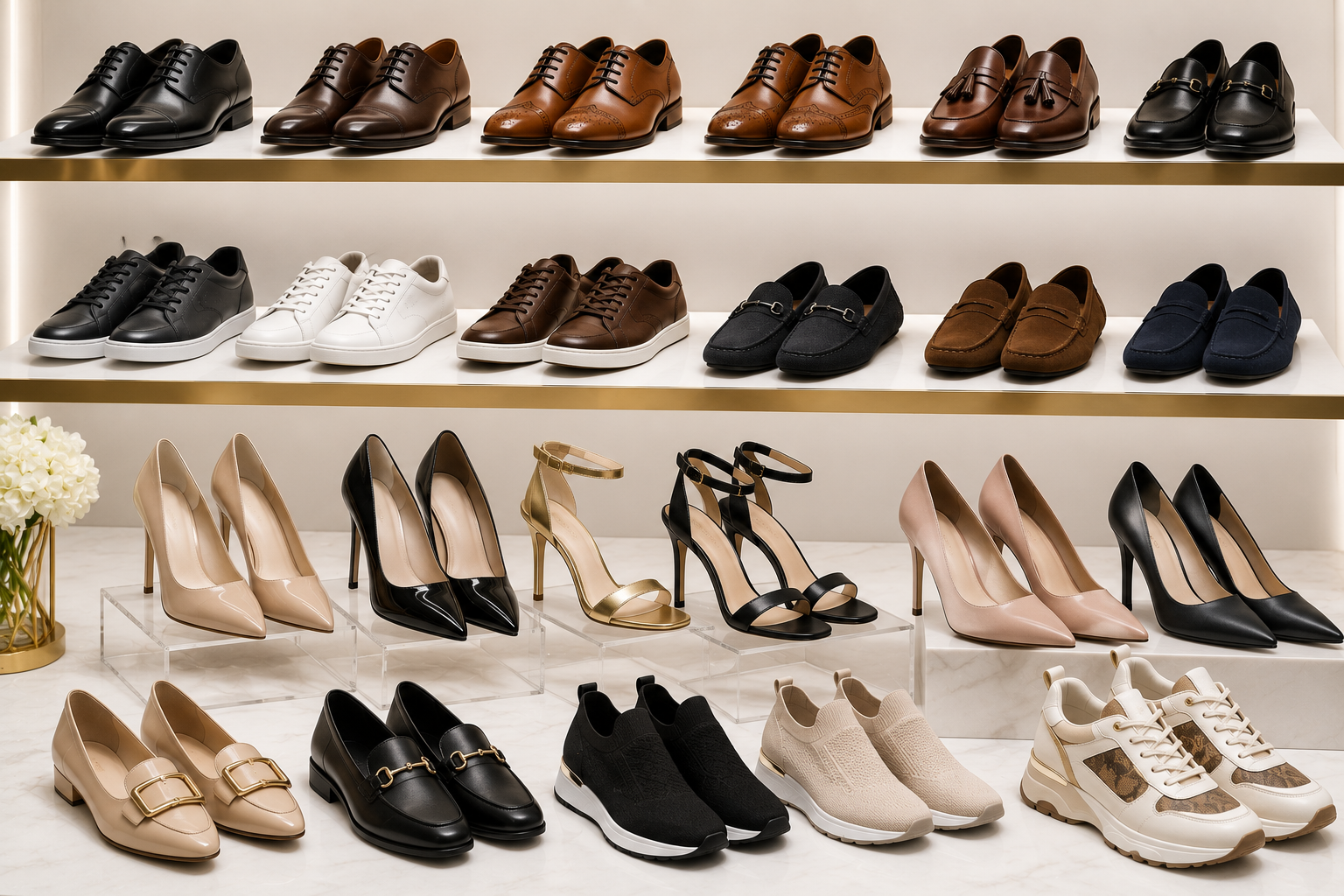Rows of leather shoes, loafers, heels and sneakers